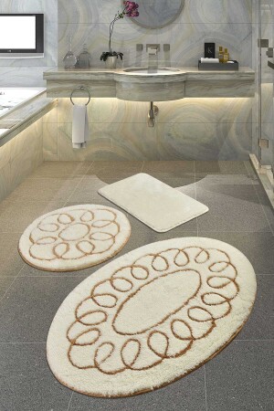 Sapphire Ecru Set of 3 Bathroom Rug Washable, Non-Slip Base 8694545023598 - Chilai Home