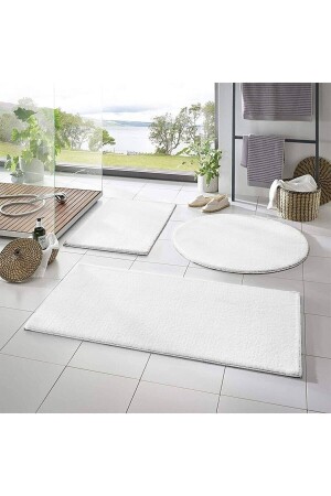 Sarar Post 3-Piece Bathroom Carpet (60X100- 40X60- 60X60 ROUND) Plush Hide Carpet Toilet Seat Set White - Seria Hali