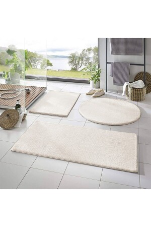 Sarar Post 3-Piece Bathroom Carpet (60X100, 40X60, 60X60 ROUND) Plush Post Carpet Toilet Seat Set Cream bathroom rug3pcs - SERİA HALI