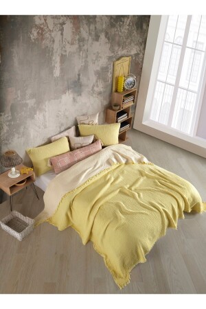 Sarı 4 Katlı Multi Muslin %100 Pamuk Çift Kişillik Yatak Örtüsü 200x240cm BMB - 7300 - destinyhometex