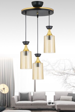 Sarkıt Tepsi 3'lü Siyah Boru Mika Bal Camlı Sarı Şeritli Modern Avize TYC00765105891 - Kraliçe