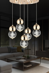 Sasha 5'li Yuvarlak 3 Renkli 57 Watt Gold Kristal Ledli Modern Oturma Odası Salon Sarkıt Avize 21006-5Y-GL - Apliqa