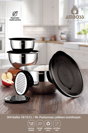 Satin 9 Piece Stainless Steel Multi-Purpose Bowl Set with Black Lid SAT-8019 - Amboss