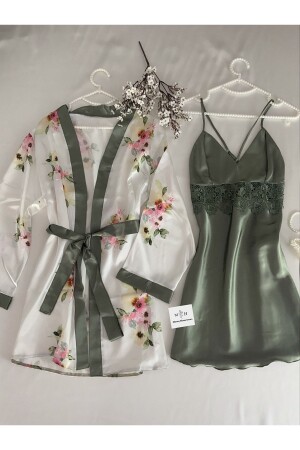 Satin Green Diamond Nightgown Dressing Gown Set - Mh Moony Homewears