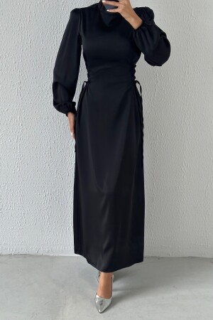 Satin Hijab Evening Dress with Waist Tie Detail, Black - Leyuze Butik