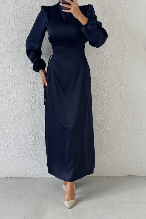 Satin Hijab Evening Dress with Waist Tie Detail, Navy Blue - Leyuze Butik