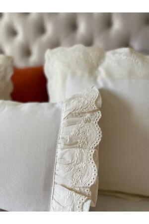 Scallop Detailed Frilly Rectangular Ecru Color Throw Pillow Case Bohemian Throw Pillow Case - Decamor Home