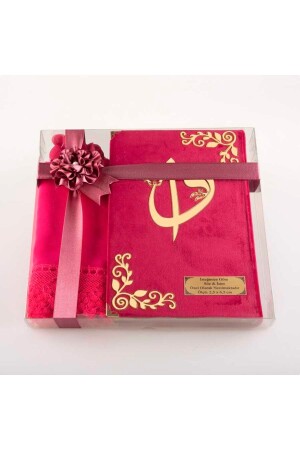 Schal + Gebetskette + Koran-Geschenkset (mittlere Größe – Samt – Fuchsia-Rosa) - Hayrat Neşriyat