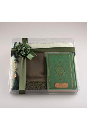 Schal + Gebetsteppich + Gebetsperlen + Koran-Geschenkset (Taschengröße – Grün) - Hayrat Neşriyat
