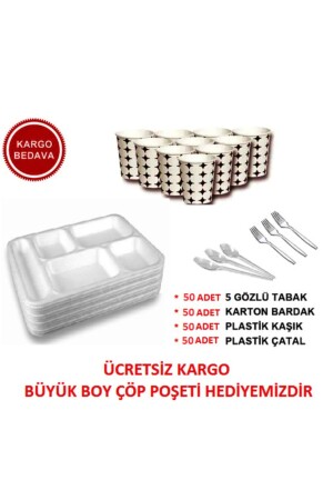 Schaumstoffteller mit 5 Fächern, Löffel, Gabel, Pappbecher, Luxus-Hochzeitsset, 50-teilig, 00264 - OĞUZ AMBALAJ