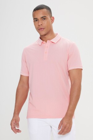 Schmal geschnittenes, schrumpffestes Baumwollstoff-T-Shirt für Herren mit schmalem Schnitt in Rosa und Weiß ohne Rollkragen - Ac&Co / Altınyıldız Classics