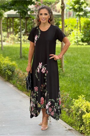 Schräg geschnittenes Kleid mit Rosenmuster - Nevin Kaya Moda
