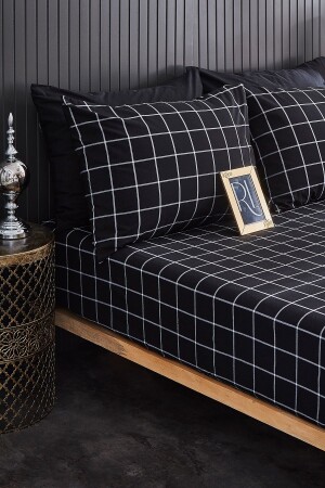 Schwarz kariertes übergroßes elastisches Bettlaken-Set, 180 x 200 x 30 cm - Ricco Lifes
