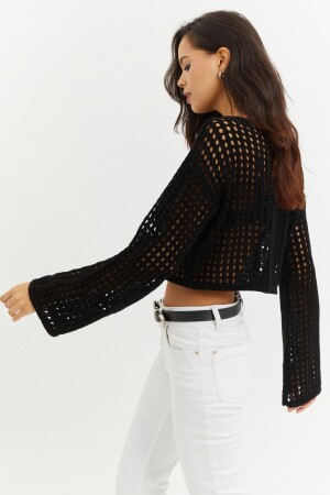 Schwarze durchbrochene Strick-Kurzbluse mit spanischen Ärmeln für Damen SMT181 - Cool & Sexy