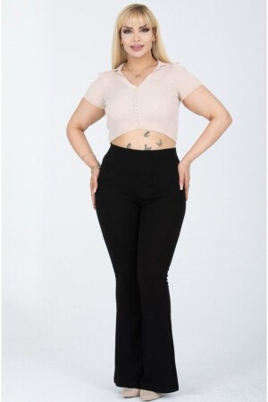 Schwarze, große, ausgestellte Beinhose aus Stahlstrickstoff mit Raffung, flexible Leggings, 110 cm - Siyah Kadın