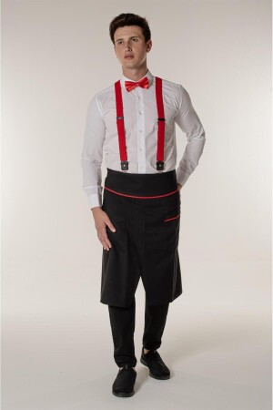 Schwarze Kellner-, Koch- und Küchenchefschürze mit halber Taille, roter Paspelierung und Schlitz SYOKBY - Mert Giyim