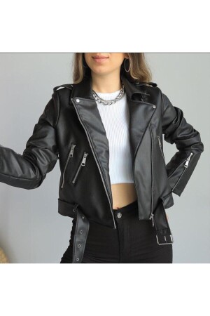 Schwarze Lederjacke im Mila-Stil mit Gürtel - Mila Still