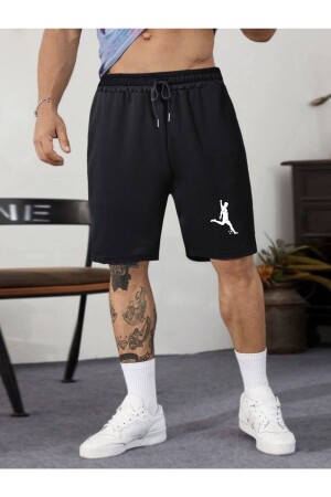 Schwarze Slimfit-Shorts für Herren aus gekämmtem Baumwollstoff mit Fußballspieler-Aufdruck - Deepsence
