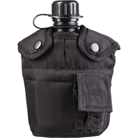 Schwarze US-amerikanische Feldflasche aus Kunststoff mit Becher und Deckel - MIL-TEC