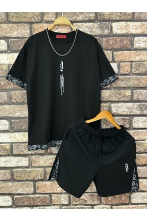 Schwarze, vertikal bedruckte Oversize-T-Shirt-Shorts für Herren - Altamira