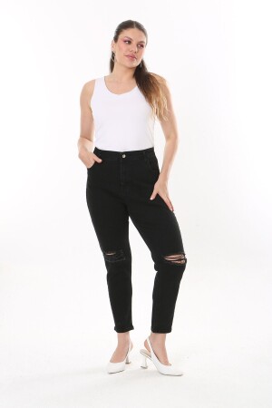 Schwarze, zerrissene, detaillierte 5-Pocket-Lycra-Denim-Hose für Damen in großen Größen 65N37828 - Şans