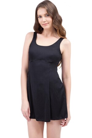 Schwarzer Battal-Badeanzug für Damen mit schlichtem Kleid - Argisa