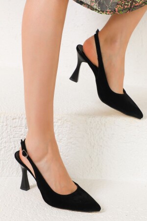 Schwarzer Wildledergürtel für Damen mit detailliertem Kelchabsatz und Stiletto - Novins