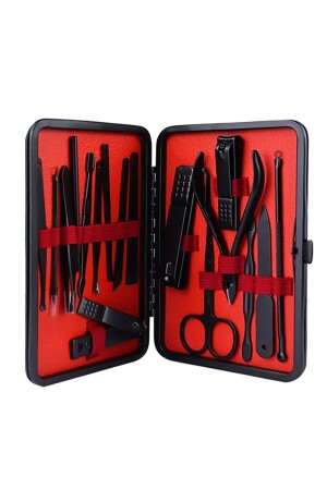 Schwarzes 17-teiliges Maniküre-Set mit Ledertasche - Mujgan