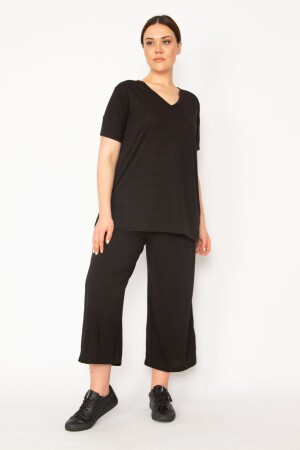 Schwarzes Camisole für Damen, gestrickt, elastische Taille, weites Bein, Hose, V-Ausschnitt, Blusenanzug 65N32939 - Şans