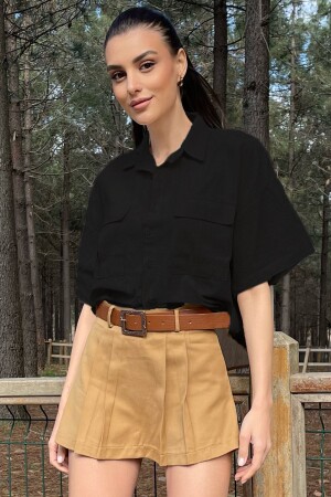 Schwarzes Damen-Leinenhemd mit zwei Taschen und halben Ärmeln ALC-X9991 - Trend Alaçatı Stili