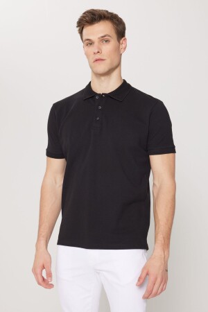 Schwarzes Herren-T-Shirt mit Rollkragen aus 100 % Baumwolle, schmale Passform, schmaler Schnitt, Polo-Ausschnitt, kurzärmlig - Altınyıldız Classics
