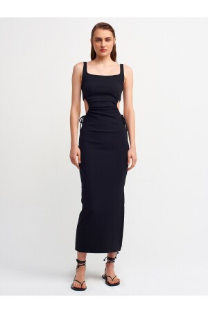 Schwarzes langes Damenkleid mit Fensterdetail - Dilvin