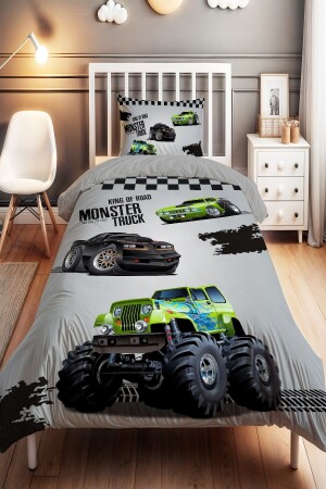 Schwarzes Monster Truck-gemustertes Einzelbettbezug-Set für Babys und Kinder - Evpanya