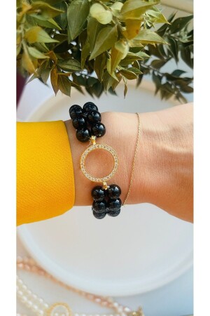 Schwarzes Perlen-Viertel-Armband, Zirkon-Stein, vergoldeter Rahmen, Viertel-Armband - Elmoda Boutique