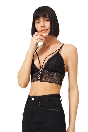 Schwarzes Triangel-Bralette-Bustier aus schwarzer Spitze mit dünnen Trägern für Damen - Cottonhill