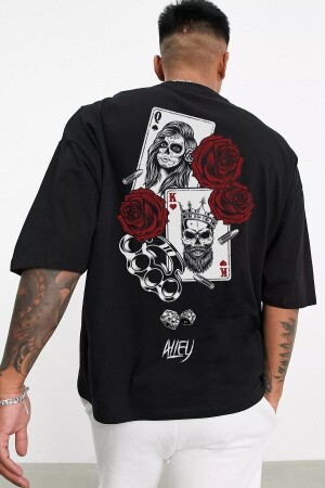 Schwarzes Unisex-T-Shirt mit King-Queen-Kartenaufdruck auf der Rückseite - Moonbull
