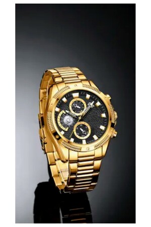 Schwarzes Zifferblatt, goldenes Gehäuse, goldenes Armband, Kalender-Herrenarmbanduhr TYC00629854041 - ÇENÇEN