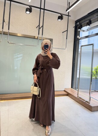 Selena Button Detail Dress - Brown - Duendeca