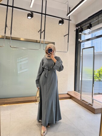Selena Düğme Detaylı Elbise - Antrasit - Duendeca