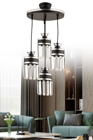 September 4 Piece Black Chrome Gilded Crystal Stone Pendant Lamp Tray Modern Chandelier 4007 - KUZEY AYDINLATMA