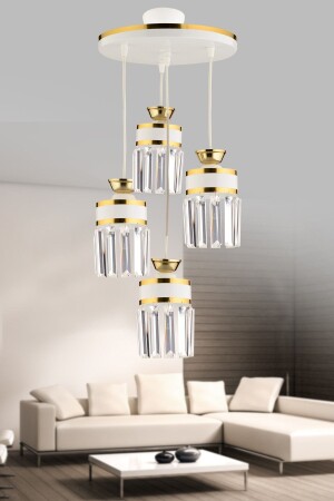 September 4 Piece White Yellow Gilded Pendant Lamp Crystal Stone Tray Luxury Living Room Chandelier 4010 - KUZEY AYDINLATMA