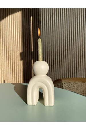 Seramik El Yapımı Mumluk Tasarım Bej Renk Boy:16cm En:10cm - Astrehome