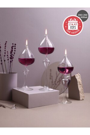 Serenity Plum Glass Lamp Set (3 Pieces of Lamp - 400 ml of Lamp Oil - 3 Pieces of Lamp Wick) - Glassic