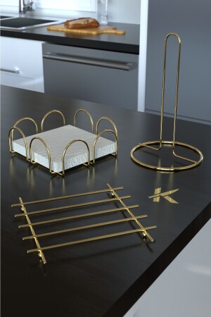 Service Presentation Set 3-Piece Gold Kitchen Towel Holder Napkin Holder Trivet 1. Grade Stainless ServicePresentationSet - KARTEYA
