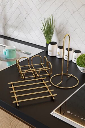 Service Presentation Set Towel Holder Napkin Holder Trivet Gold Gold Filled Shiny Stainless Steel Set of 3 Kitchen - Bino