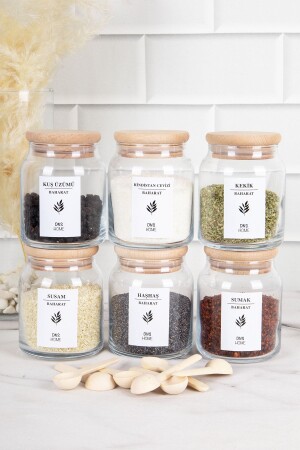 Set aus 6 hölzernen Vakuum-Gewürzgläsern mit Deckel, 6 Stück Gewürzlöffeln und einem mit Gewürzen beschrifteten Glasset 300 ml DNS-6lı300 - DNS HOME