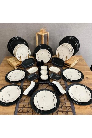 Set Frühstück 40-teilig für 12 Personen Mattschwarz-Creme Marmormuster dmt21212140 - Demet Çeyiz
