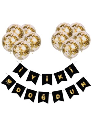 Set Iyi Ki Doğdun Siyaha Gold Varaklı Banner Yazı Ve Gold Konfetili Şeffaf Balon Seti - Parti Dolabı