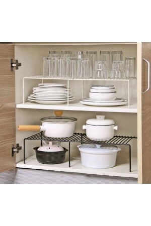 Set mit 2 erweiterbaren Regalen, verstellbarer Schrank-Organizer, Küchen-Organizer, Beige-Schwarz - Moniev