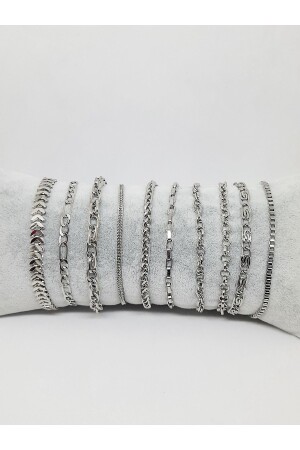 Set of 10 Silver Color Chain Bracelets - Kusakli